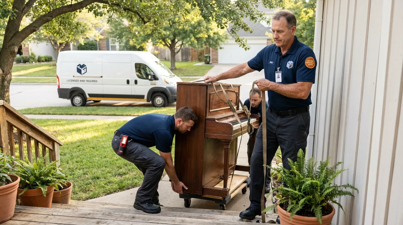 Licensed piano movers securing grand piano in West Salem, OH