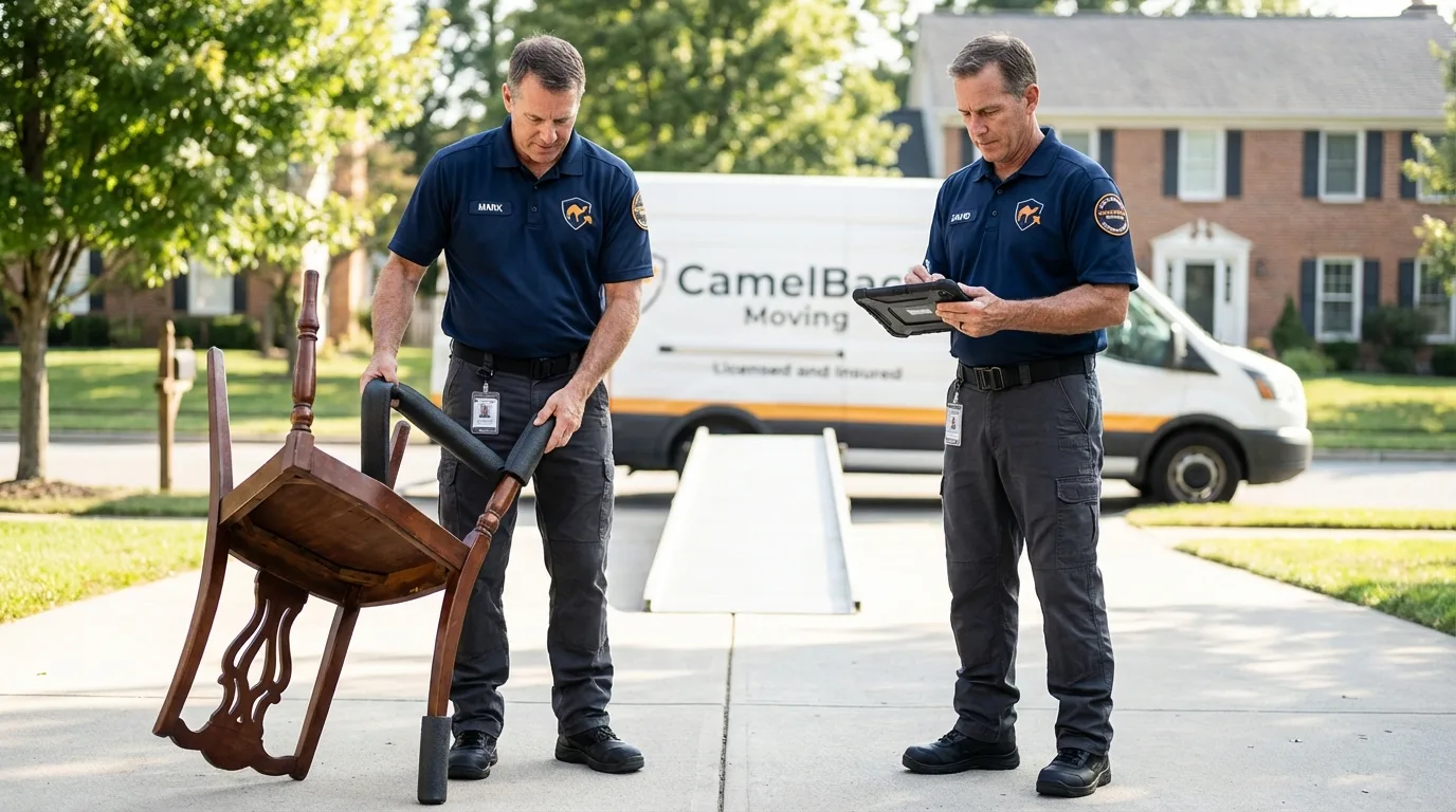 Movers inspecting furniture for damage prevention before loading in West Salem, OH