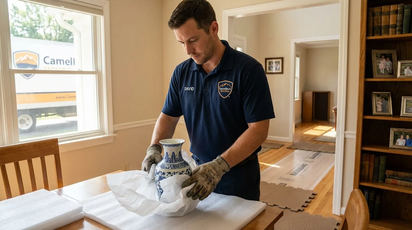 Professional crew carefully wrapping antique vase for senior downsizing move in West Salem, OH
